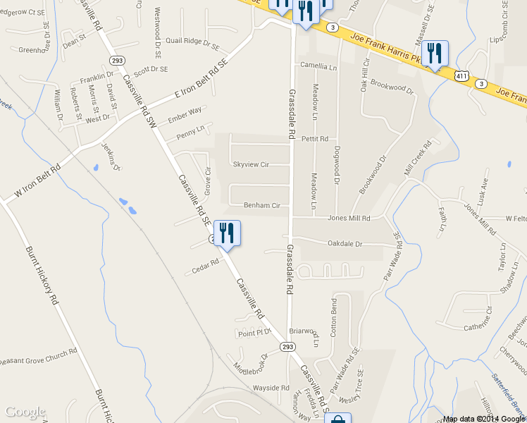 map of restaurants, bars, coffee shops, grocery stores, and more near 8 Benham Cir in Cartersville