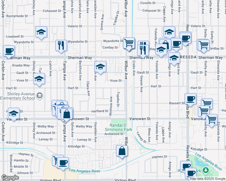 map of restaurants, bars, coffee shops, grocery stores, and more near 6952 Wystone Avenue in Los Angeles