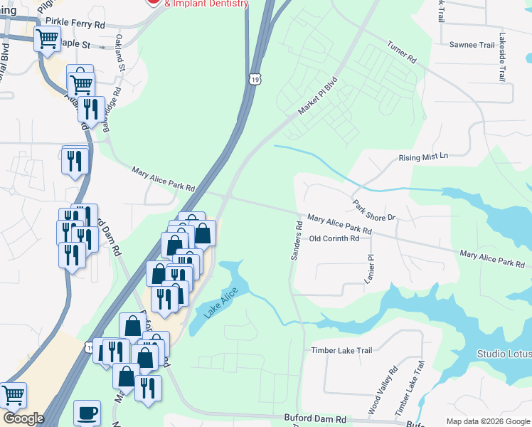 map of restaurants, bars, coffee shops, grocery stores, and more near 380 Mary Alice Park Road in Cumming