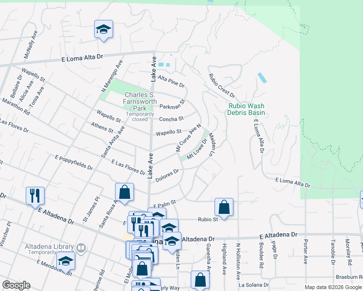 map of restaurants, bars, coffee shops, grocery stores, and more near 3044 Mount Curve Avenue in Altadena