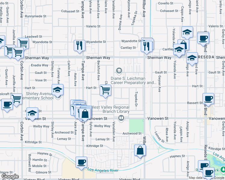 map of restaurants, bars, coffee shops, grocery stores, and more near 19100 Hart Street in Los Angeles