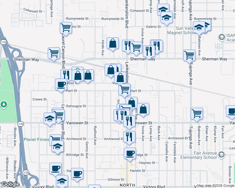 map of restaurants, bars, coffee shops, grocery stores, and more near 6944 Simpson Avenue in Los Angeles
