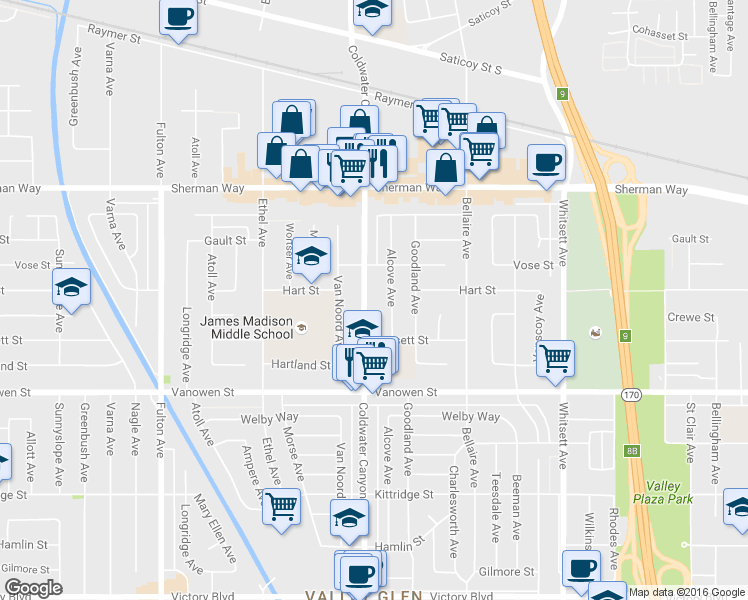 map of restaurants, bars, coffee shops, grocery stores, and more near 6941 Alcove Avenue in Los Angeles