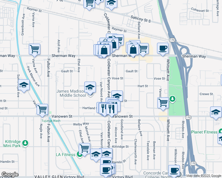 map of restaurants, bars, coffee shops, grocery stores, and more near 6941 Alcove Avenue in Los Angeles
