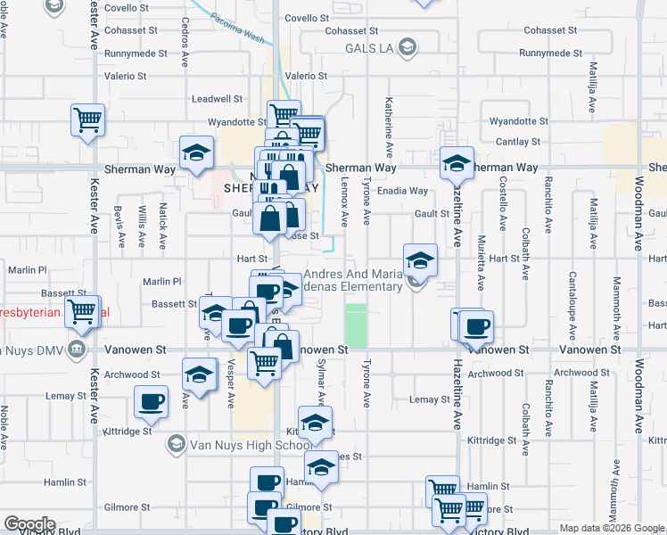 map of restaurants, bars, coffee shops, grocery stores, and more near 6951 Lennox Avenue in Los Angeles