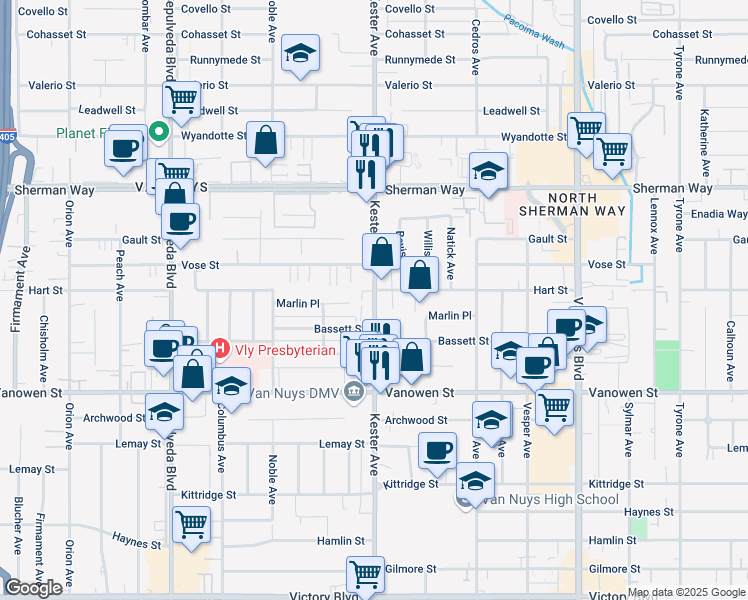 map of restaurants, bars, coffee shops, grocery stores, and more near 6943 Kester Avenue in Los Angeles