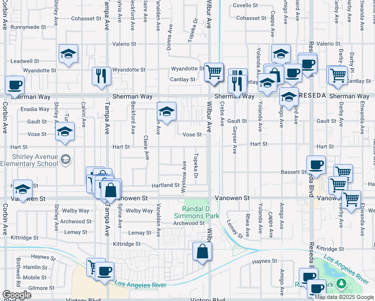 map of restaurants, bars, coffee shops, grocery stores, and more near 6952 Wystone Avenue in Los Angeles