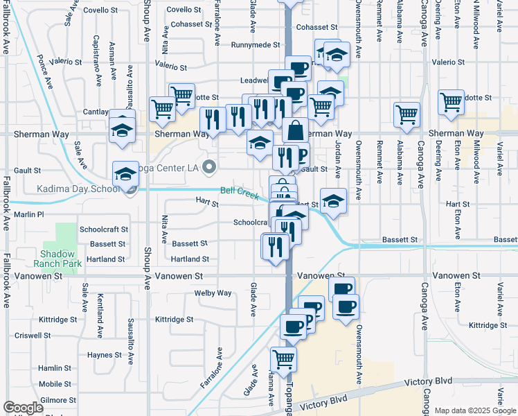 map of restaurants, bars, coffee shops, grocery stores, and more near 6948 Glade Avenue in Los Angeles