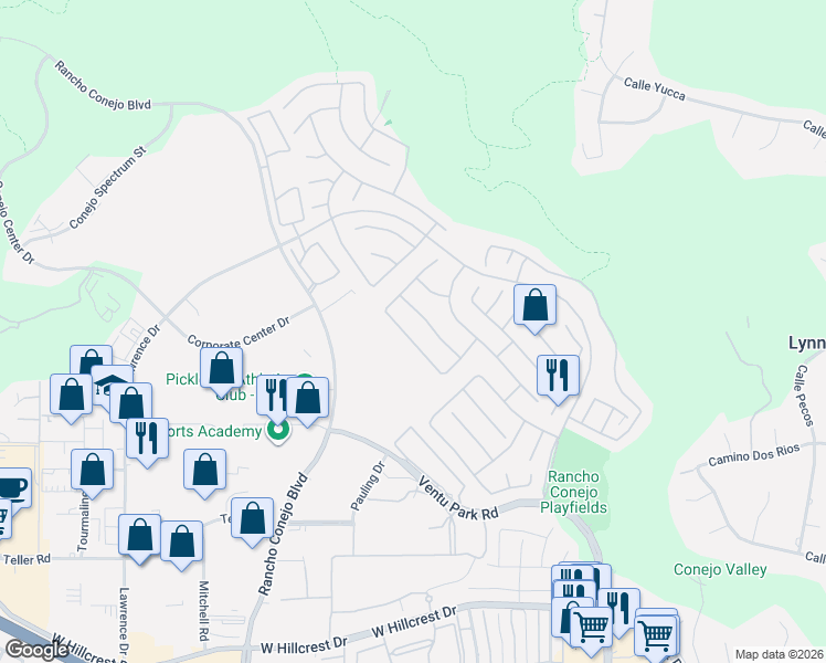 map of restaurants, bars, coffee shops, grocery stores, and more near 1391 Oak Trail Street in Thousand Oaks