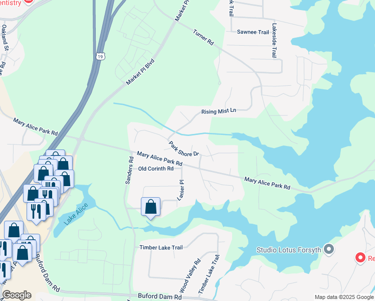map of restaurants, bars, coffee shops, grocery stores, and more near 1325 Starboard Way in Cumming