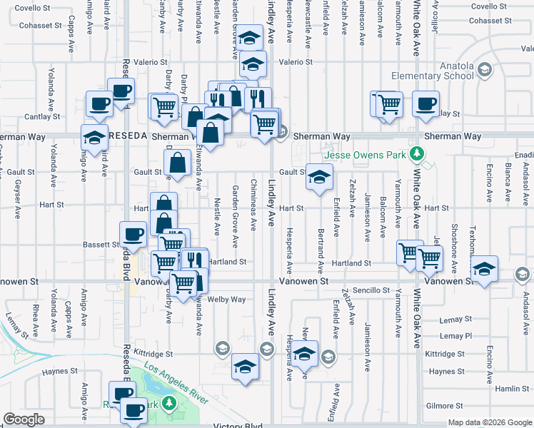 map of restaurants, bars, coffee shops, grocery stores, and more near 6957 Lindley Avenue in Los Angeles