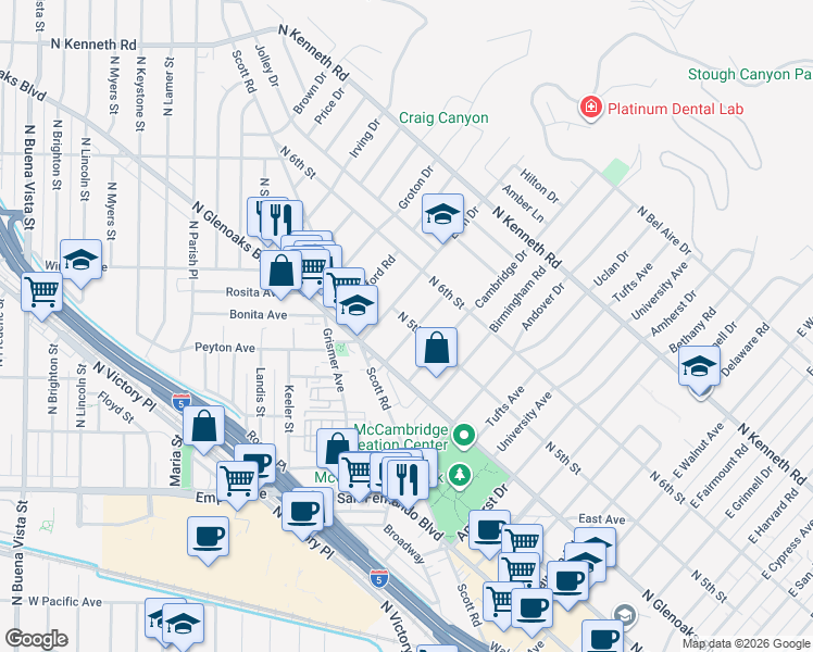 map of restaurants, bars, coffee shops, grocery stores, and more near 441 Dartmouth Road in Burbank
