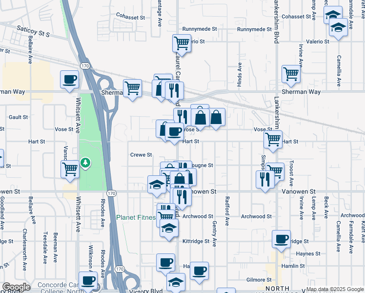 map of restaurants, bars, coffee shops, grocery stores, and more near 6938 Laurel Canyon Boulevard in Los Angeles