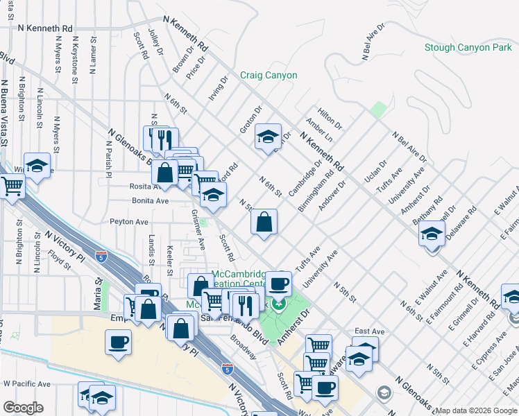 map of restaurants, bars, coffee shops, grocery stores, and more near 511 Cambridge Drive in Burbank