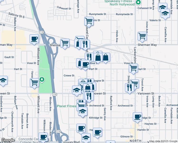 map of restaurants, bars, coffee shops, grocery stores, and more near 6938 Laurel Canyon Boulevard in Los Angeles