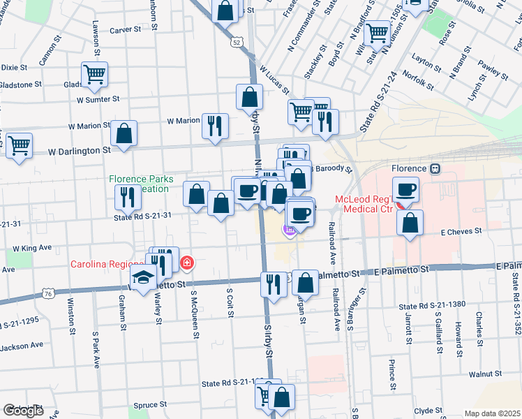 map of restaurants, bars, coffee shops, grocery stores, and more near 360 North Irby Street in Florence