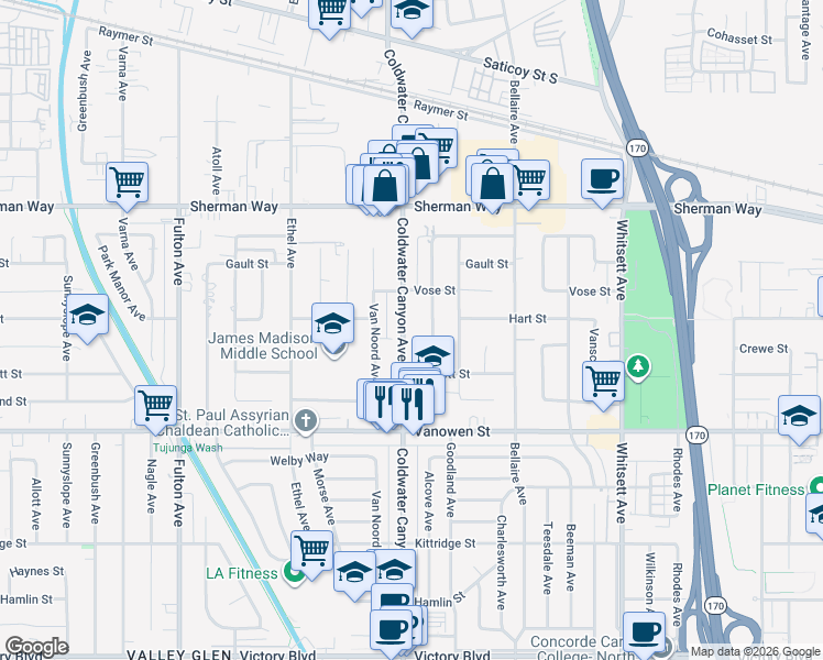 map of restaurants, bars, coffee shops, grocery stores, and more near 6941 Alcove Avenue in Los Angeles
