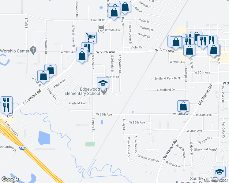 map of restaurants, bars, coffee shops, grocery stores, and more near 2921 South Orlando Street in Pine Bluff