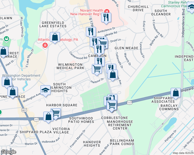 map of restaurants, bars, coffee shops, grocery stores, and more near 2432 South 17th Street in Wilmington