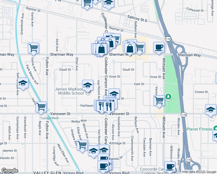 map of restaurants, bars, coffee shops, grocery stores, and more near 6950 Coldwater Canyon Avenue in Los Angeles