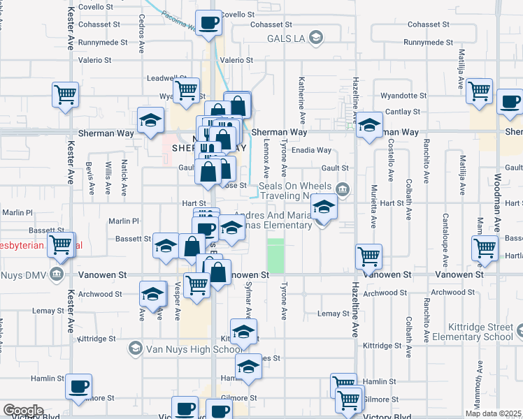 map of restaurants, bars, coffee shops, grocery stores, and more near 6951 Lennox Avenue in Los Angeles