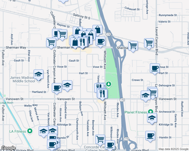 map of restaurants, bars, coffee shops, grocery stores, and more near 6950 Babcock Avenue in Los Angeles