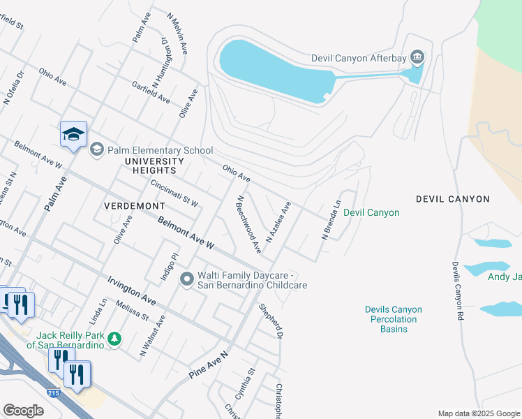 map of restaurants, bars, coffee shops, grocery stores, and more near 6395 North Redwood Street in San Bernardino