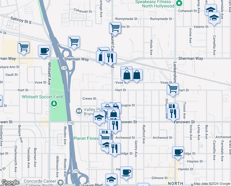map of restaurants, bars, coffee shops, grocery stores, and more near in Los Angeles