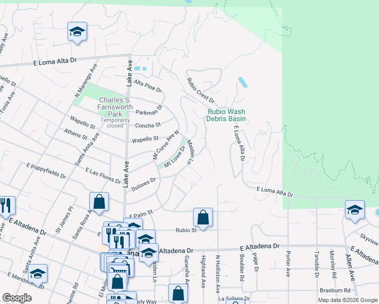 map of restaurants, bars, coffee shops, grocery stores, and more near 3079 Maiden Lane in Altadena