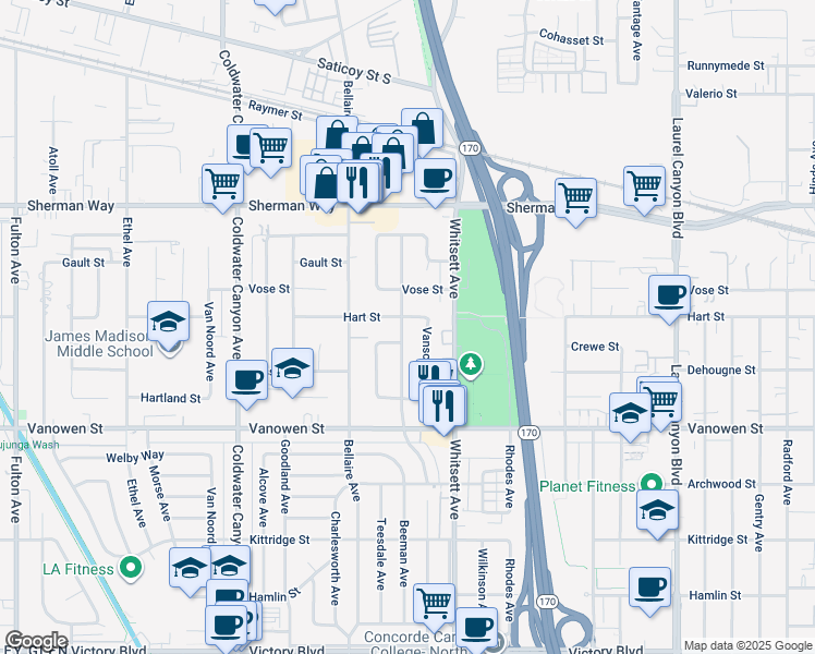 map of restaurants, bars, coffee shops, grocery stores, and more near 6950 Babcock Avenue in Los Angeles