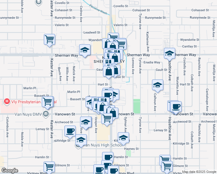 map of restaurants, bars, coffee shops, grocery stores, and more near 6945 Van Nuys Boulevard in Los Angeles