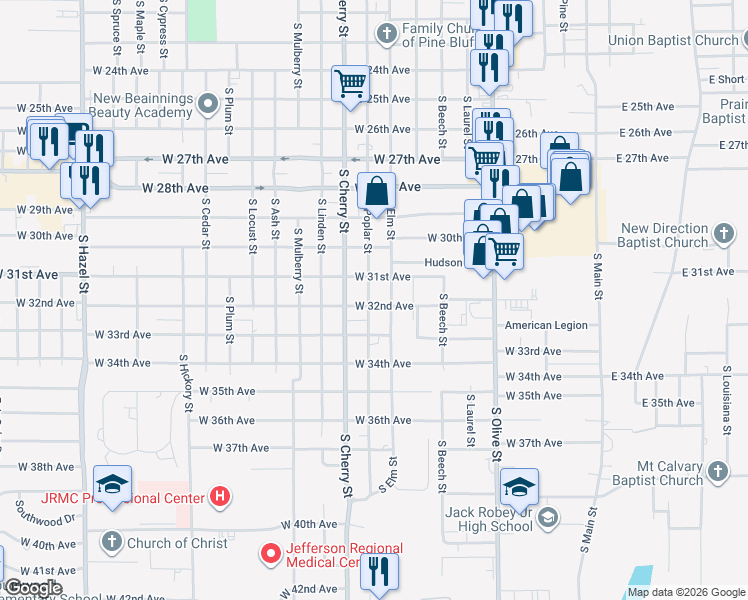 map of restaurants, bars, coffee shops, grocery stores, and more near 3200 South Elm Street in Pine Bluff
