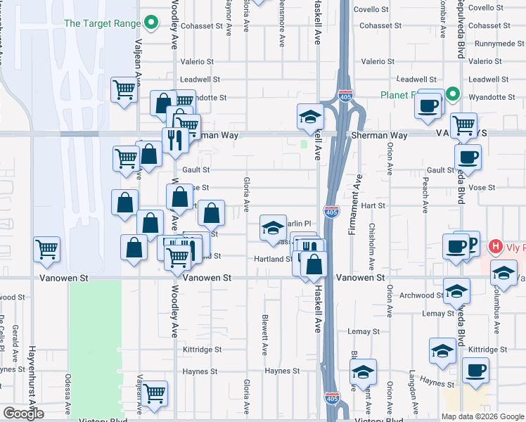 map of restaurants, bars, coffee shops, grocery stores, and more near 15838 Hart Street in Los Angeles