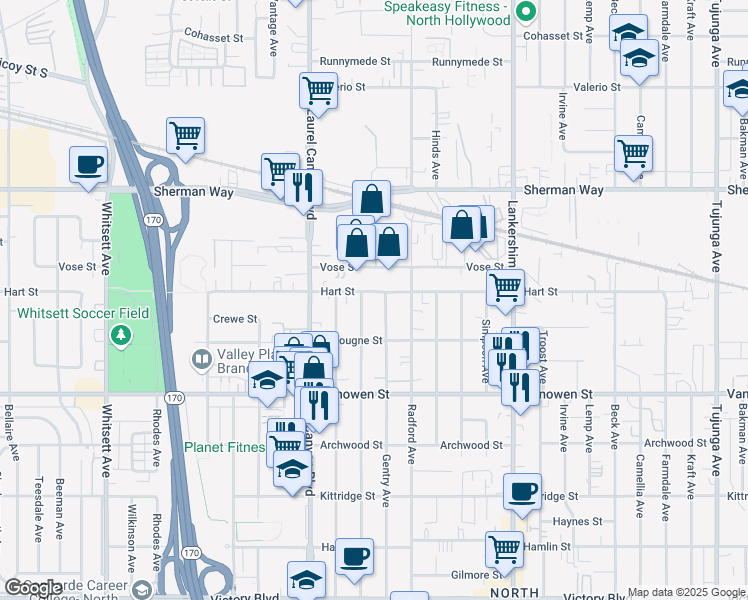 map of restaurants, bars, coffee shops, grocery stores, and more near 11948 Hart Street in Los Angeles