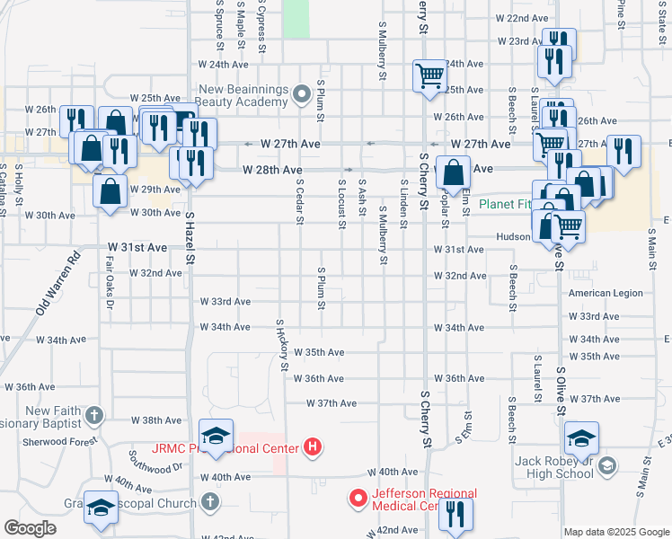map of restaurants, bars, coffee shops, grocery stores, and more near 1503 West 32nd Avenue in Pine Bluff