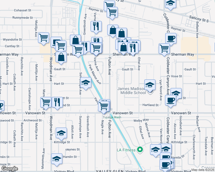 map of restaurants, bars, coffee shops, grocery stores, and more near 6955 Fulton Avenue in Los Angeles