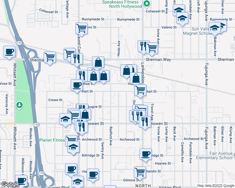 map of restaurants, bars, coffee shops, grocery stores, and more near 6945 Hinds Avenue in Los Angeles