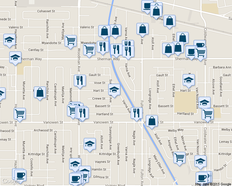 map of restaurants, bars, coffee shops, grocery stores, and more near 6959 Varna Avenue in Van Nuys