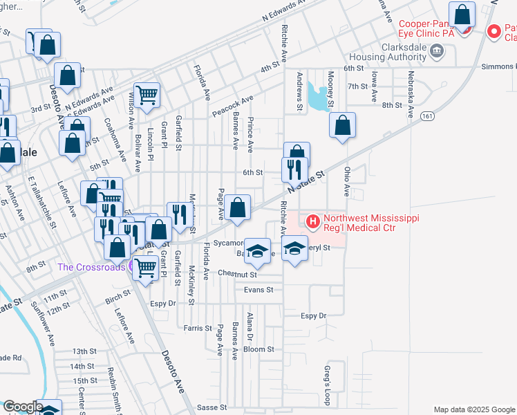 map of restaurants, bars, coffee shops, grocery stores, and more near 1700 Hospital Drive in Clarksdale