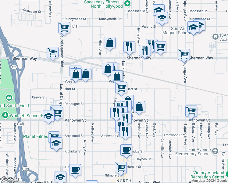 map of restaurants, bars, coffee shops, grocery stores, and more near 6951 Simpson Avenue in Los Angeles
