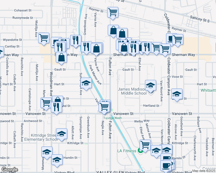map of restaurants, bars, coffee shops, grocery stores, and more near 6955 Fulton Avenue in Los Angeles