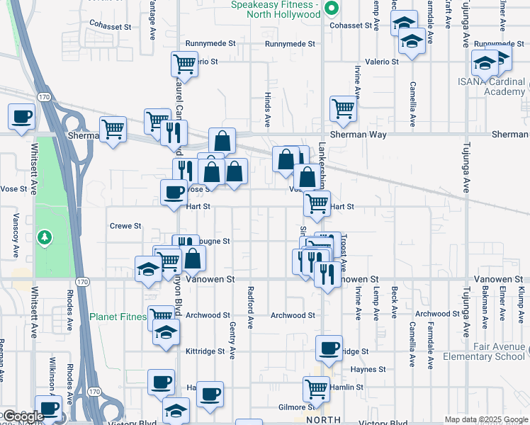 map of restaurants, bars, coffee shops, grocery stores, and more near 6945 Hinds Avenue in Los Angeles