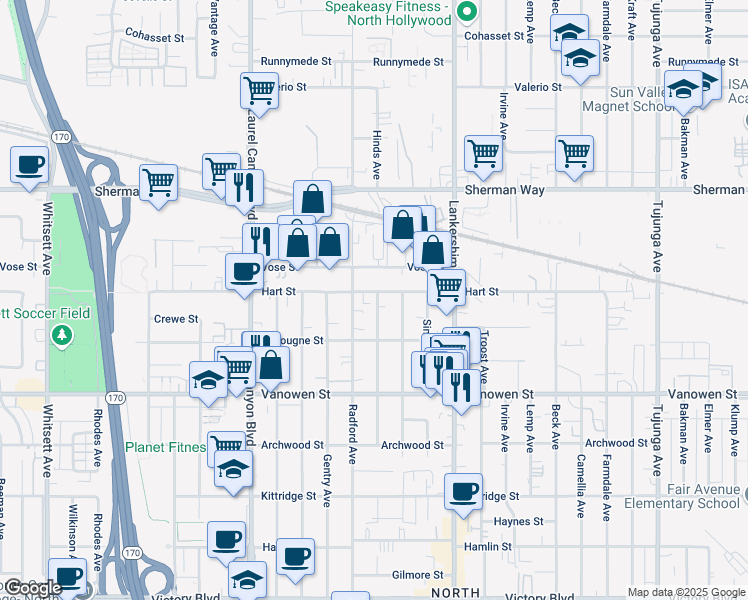 map of restaurants, bars, coffee shops, grocery stores, and more near 6938 Radford Avenue in Los Angeles