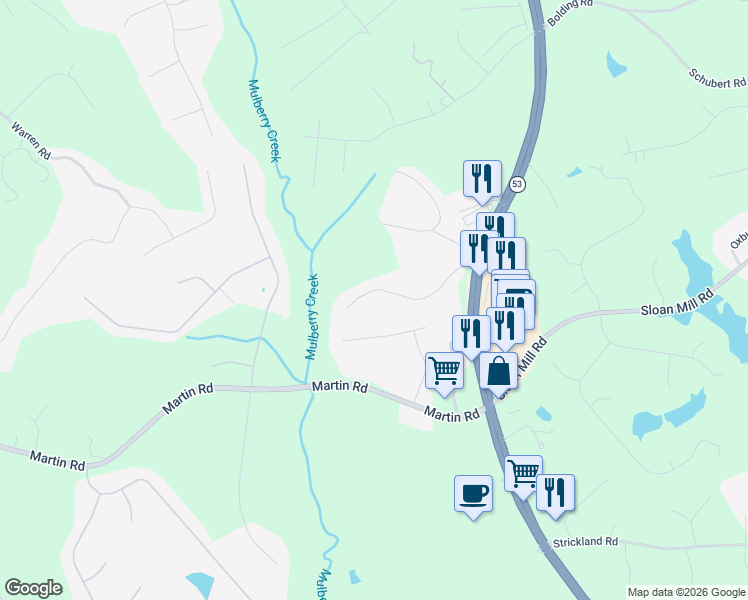 map of restaurants, bars, coffee shops, grocery stores, and more near 4075 Chestnut Drive in Flowery Branch