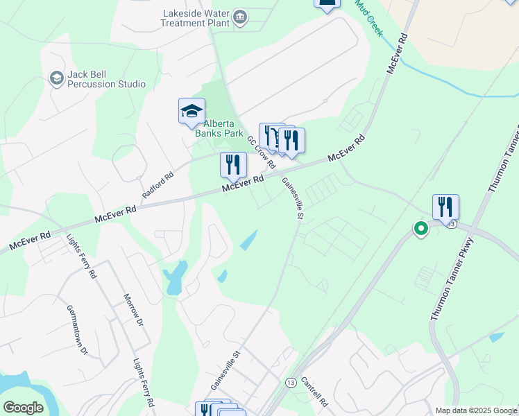 map of restaurants, bars, coffee shops, grocery stores, and more near 4716 Melbourne Lane in Flowery Branch