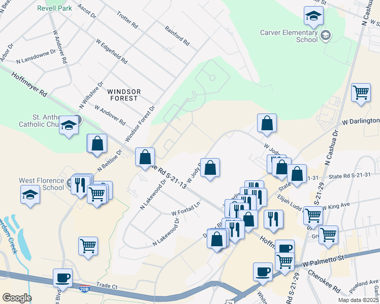 map of restaurants, bars, coffee shops, grocery stores, and more near 2211 West Jody Road in Florence
