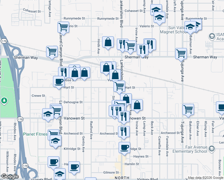 map of restaurants, bars, coffee shops, grocery stores, and more near 6951 Simpson Avenue in Los Angeles