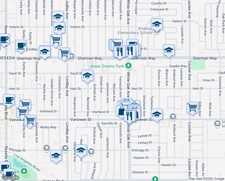 map of restaurants, bars, coffee shops, grocery stores, and more near 6949 Balcom Avenue in Los Angeles