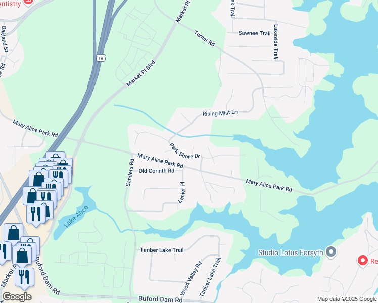 map of restaurants, bars, coffee shops, grocery stores, and more near 1325 Starboard Way in Cumming