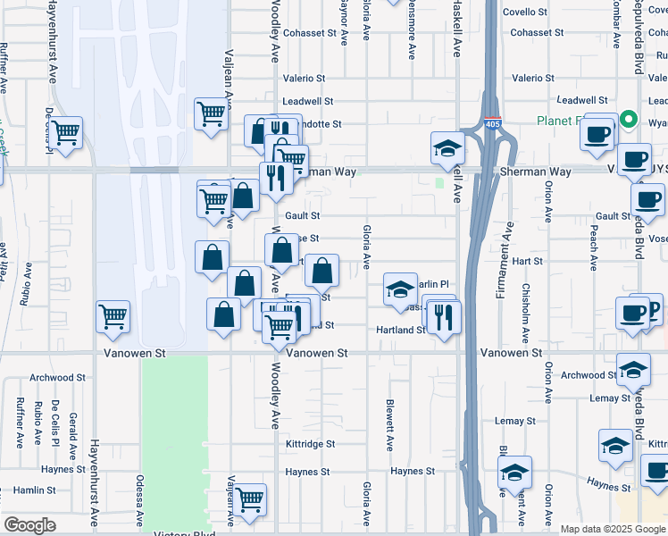 map of restaurants, bars, coffee shops, grocery stores, and more near 15930 Hart Street in Los Angeles